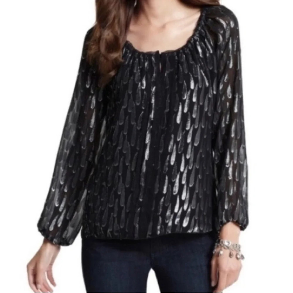Whbm White House black market silver metallic teardrop blouse top medium silk